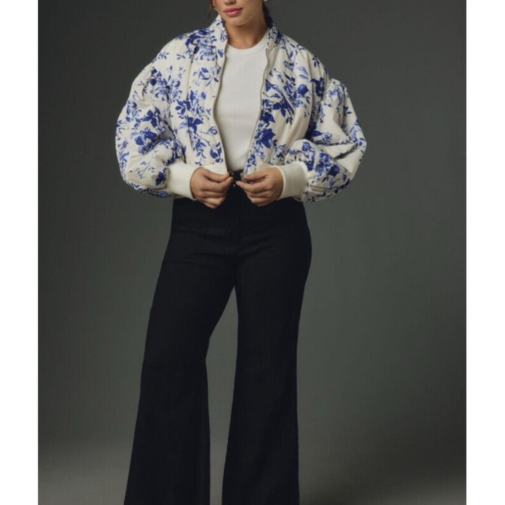 Floral Blue and White Bomber Jacket